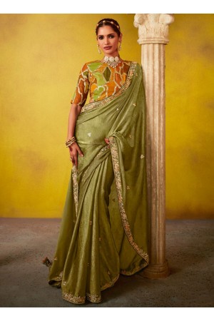 Olive green glass tissue sequins embroidered wedding saree with blouse 2153